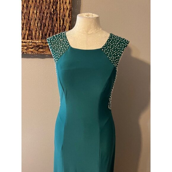 Jackie Jon Dress Emerald Green Silver 8 Stud Stretch Maxi Formal Party Event - Picture 7 of 11